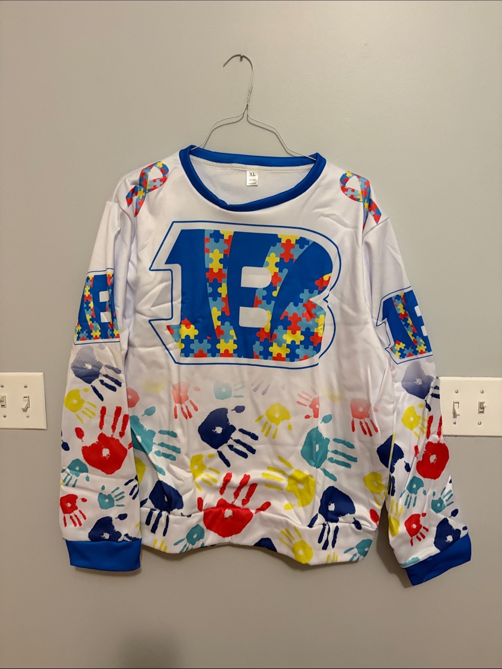 Men’s Autism Awareness Crewneck Sweater with Colorful Puzzle & Handprint Design